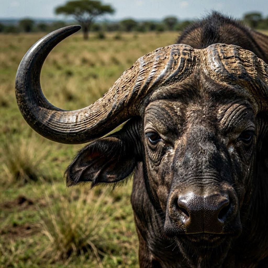 Close-up macro shot of an African buffalo’s textured horns and rugged facial features, set against blurred green-brown plains, high-contrast natural lighting, monochromatic earthy palette, 100mm macro lens capturing intricate horn ridges and fur detail.