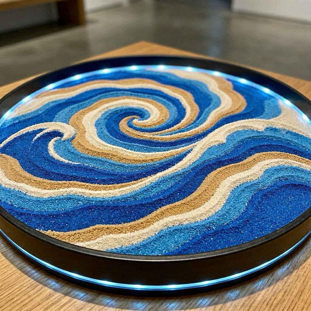 A simple sand art design of curling ocean waves in layered blue and tan sands, set inside a circular frame, lit with cool-toned LED lights for contrast, shot with a tilt-shift lens to emphasize curvature and depth.