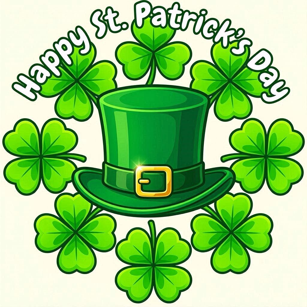 A cheerful St. Patrick's Day clipart showing a circular arrangement of bright green shamrocks around a central emerald top hat with a polished gold buckle, bold white celebratory text wrapping the circle, rendered in crisp digital vector art with smooth gradients and high contrast outlines.